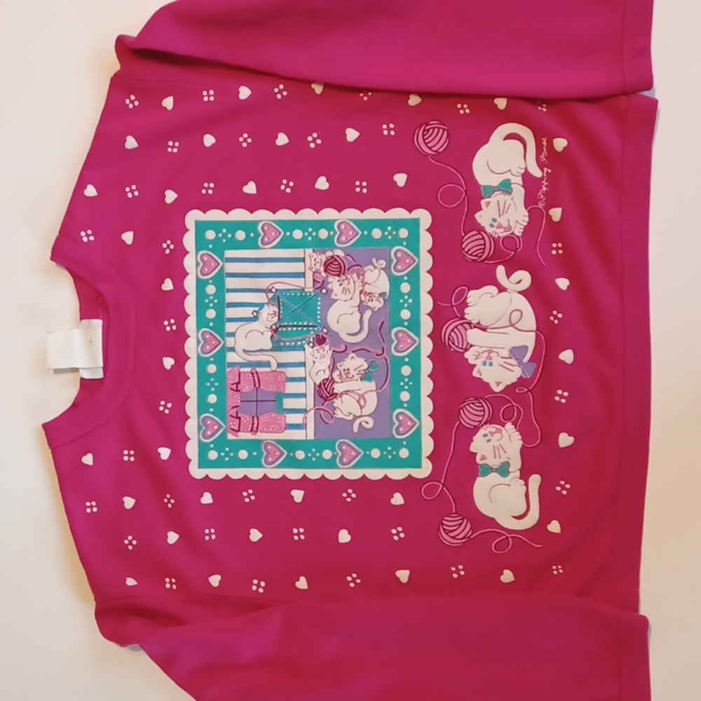 Vtg Girls Stepping Stones Cat Sweater. Puffy Paint. Pink.
